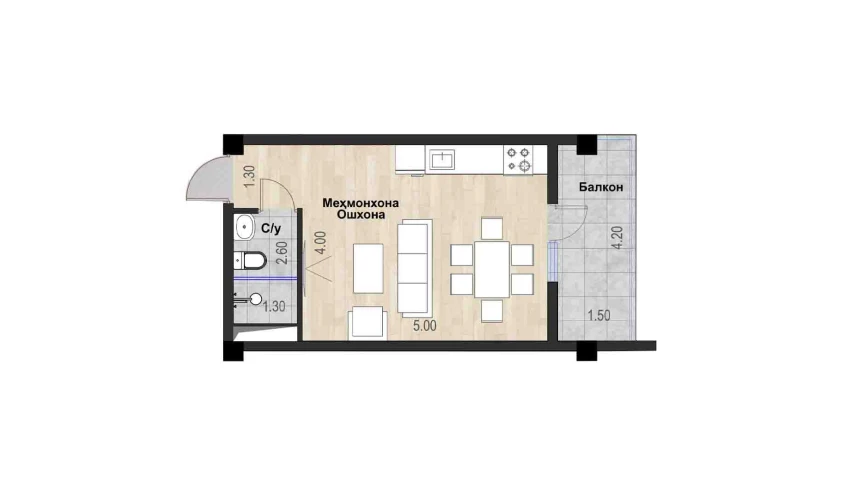 1-комнатная квартира 31.24 м²  4/7 этаж | Жилой комплекс Bochka Resort