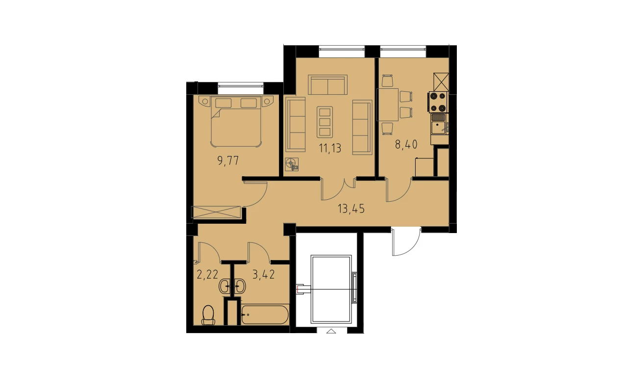 2-xonali xonadon 48.39 m²  8/9 qavat | MINGCHINOR Turar-joy majmuasi
