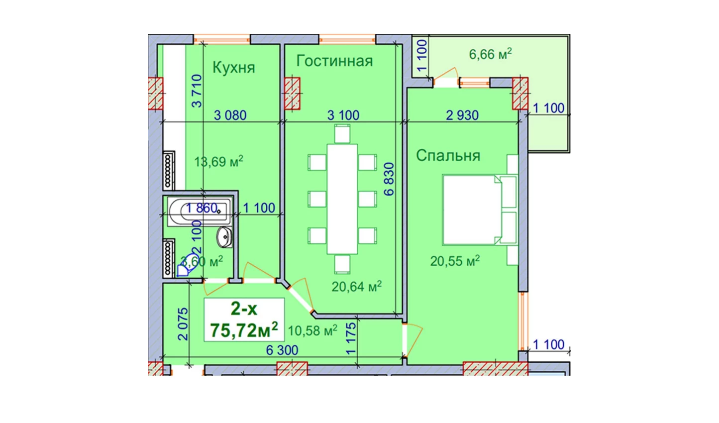 2-комн. квартира 75.72 м²  5/9 этаж | Жилой комплекс SHAYX-UL OLAM