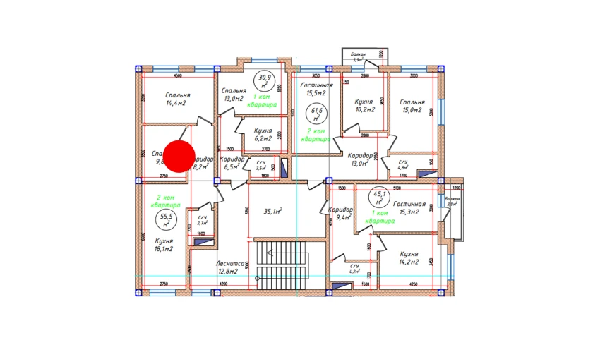 2-комнатная квартира 55.5 м²  5/5 этаж | Жилой комплекс Oq mahalla