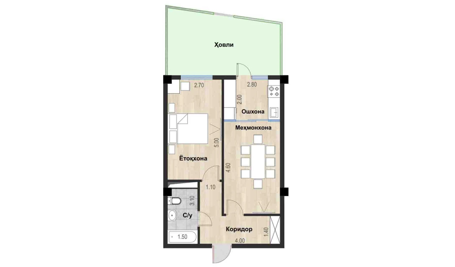 2-xonali xonadon 44.25 m²  1/7 qavat | Bochka Resort Turar-joy majmuasi