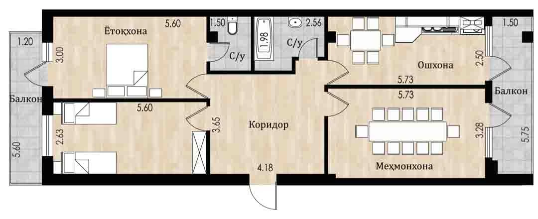 3-комн. квартира 106.4 м²  6/8 этаж | Жилой комплекс Mustaqillik Avenue