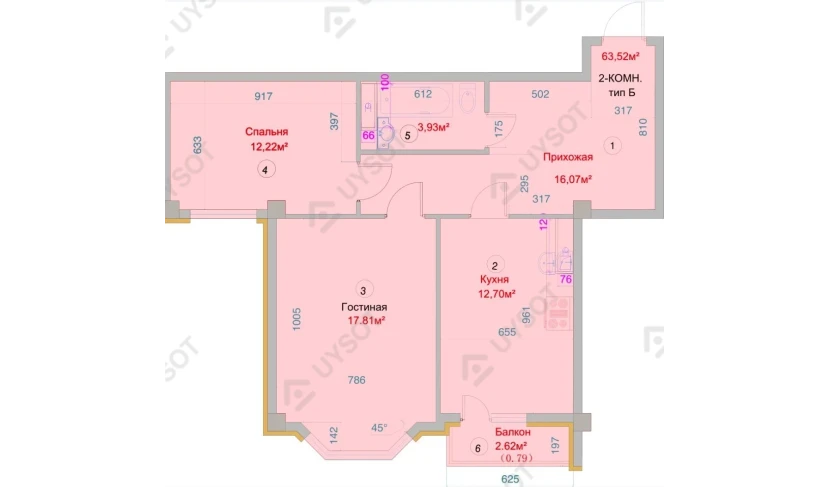 2-комнатная квартира 63.52 м²  1/9 этаж | Жилой комплекс Smart Town