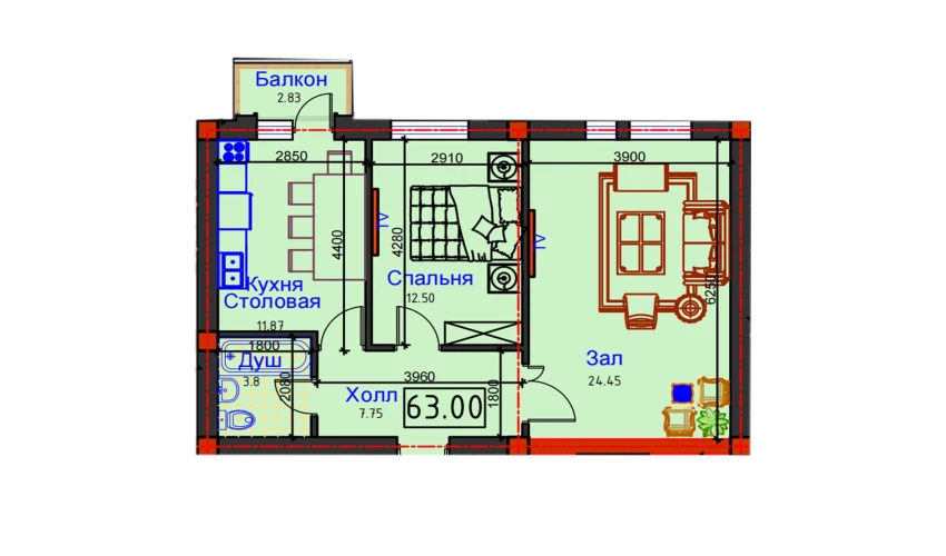 2-комнатная квартира 63 м²  5/12 этаж | Жилой комплекс GAGARIN AVENUE