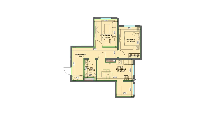 2-комнатная квартира 55.08 м²  1/16 этаж | Жилой комплекс BASHKENT