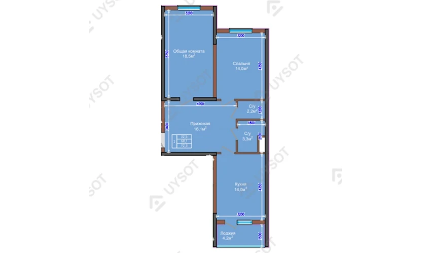 2-xonali xonadon 72.3 m²  2/9 qavat | NUR HAYAT Turar-joy majmuasi