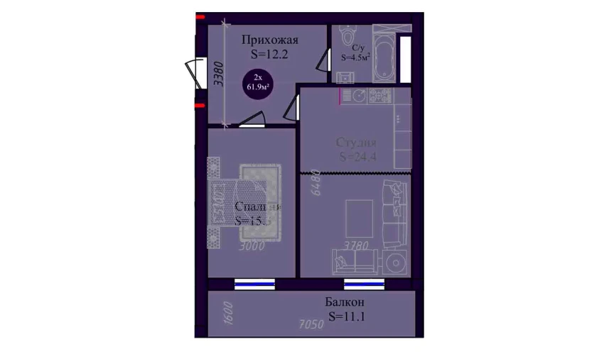 2-комнатная квартира 61.9 м²  8/8 этаж | Жилой комплекс Navruz Avenue