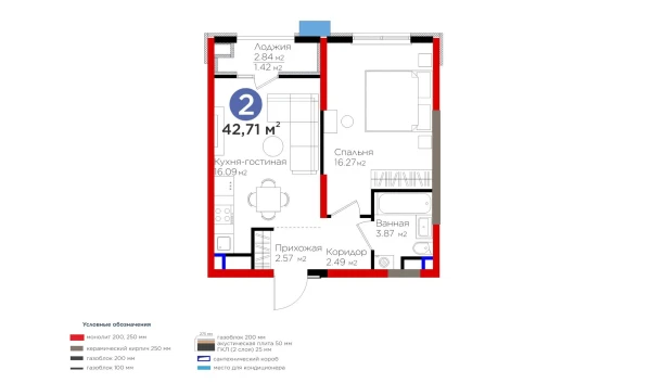 2-комнатная квартира 42.71 м²  9/9 этаж | Жилой комплекс BI Sad'O