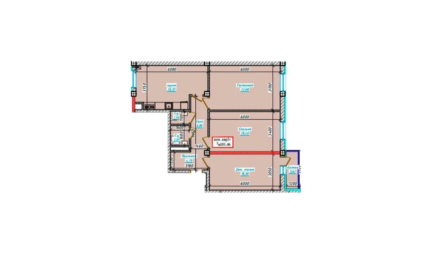 3-комнатная квартира 101.46 м²  6/9 этаж | Жилой комплекс Aero Town