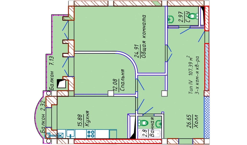 3-xonali xonadon 107.39 m²  8/10 qavat | Samarqand Park Avenue Turar-joy majmuasi