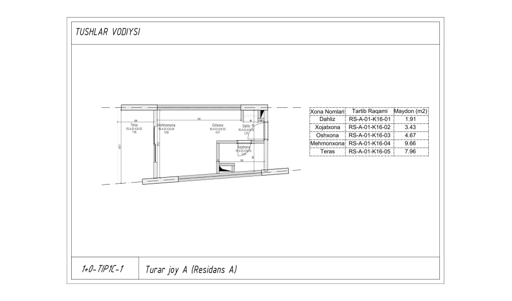 1-xonali xonadon 22.06 m²  1/7 qavat | TUSHLAR VODIYSI Turar-joy majmuasi