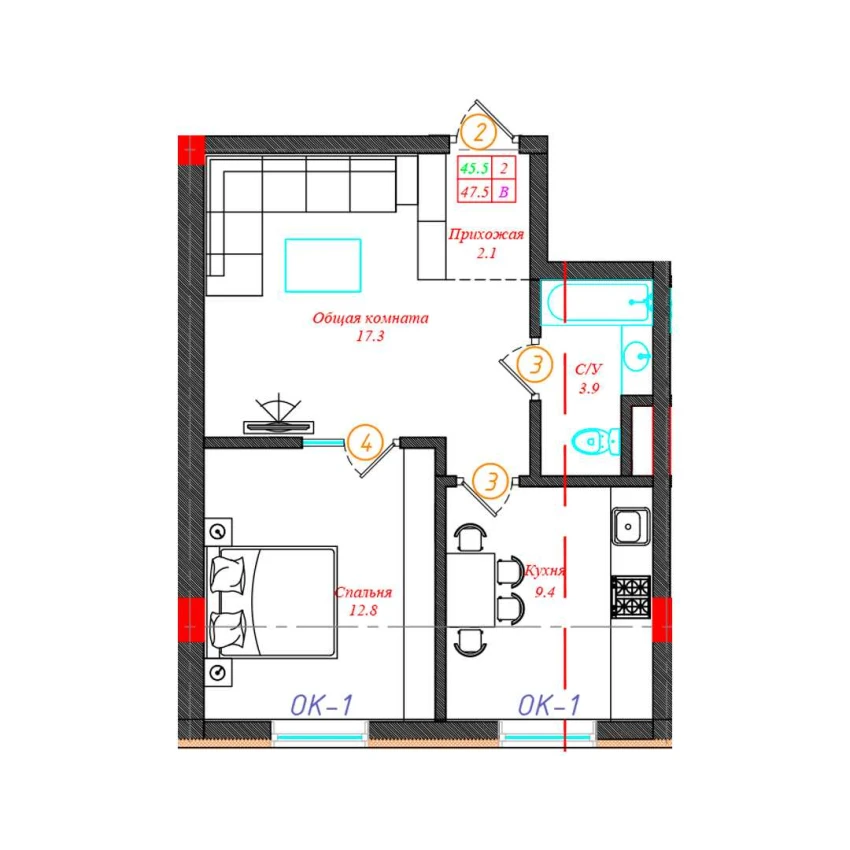 2-комн. квартира 47.5 м²  1/12 этаж | Жилой комплекс CHINARA PARK