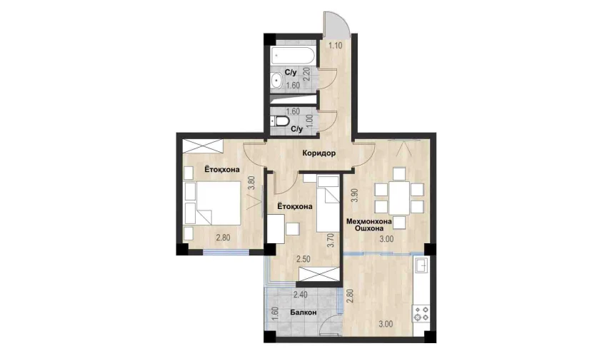 3-xonali xonadon 55.16 m²  6/7 qavat | Bochka Resort Turar-joy majmuasi