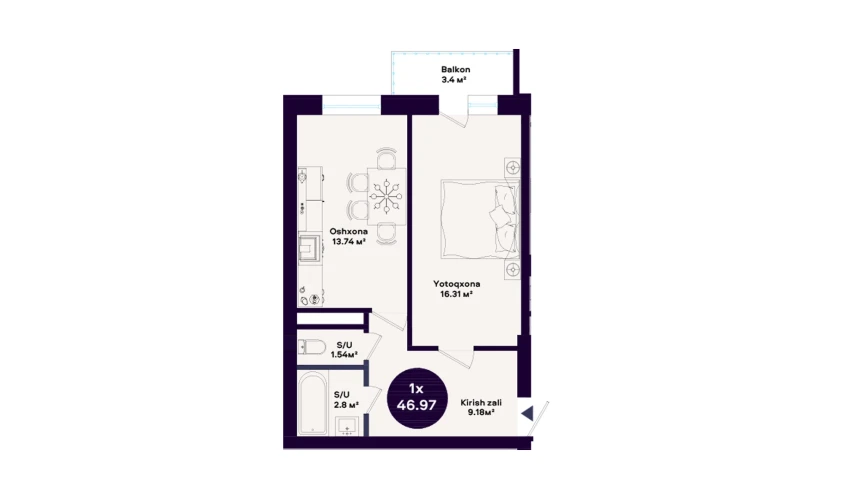 1-xonali xonadon 46.97 m²  2/10 qavat | KAMALAK Turar-joy majmuasi