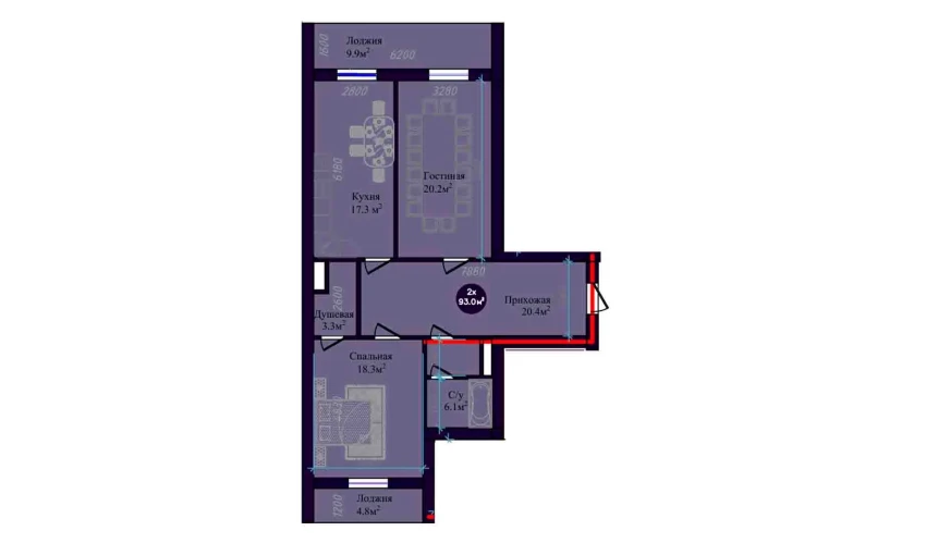 2-комнатная квартира 93 м²  6/9 этаж | Жилой комплекс Navruz Avenue