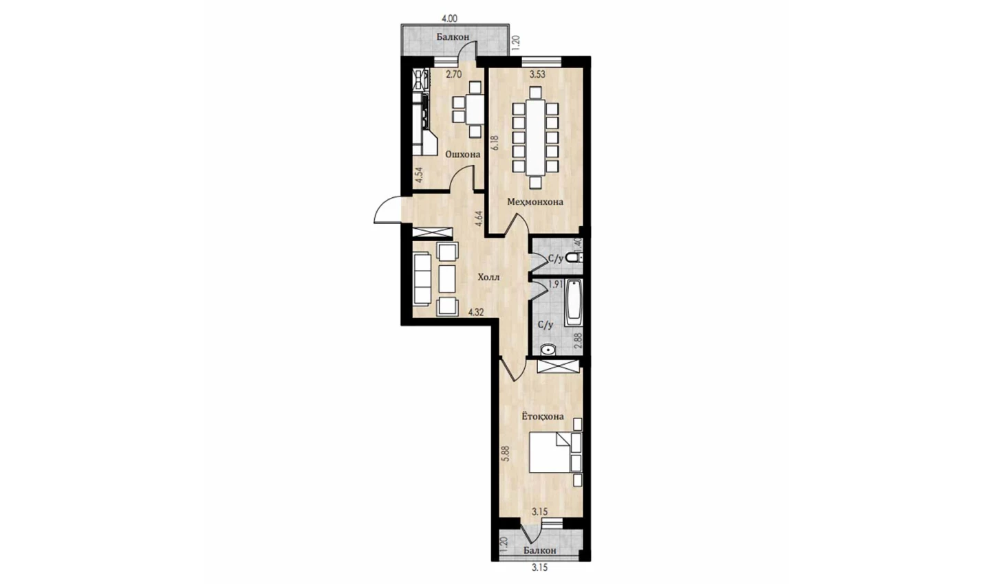 2-комн. квартира 90.4 м²  7/8 этаж | Жилой комплекс Mustaqillik Avenue