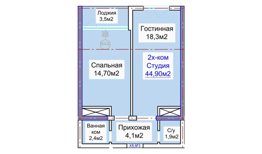 2-комнатная квартира 44.9 м²  3/16 этаж | Жилой комплекс ELITE ECO CITY