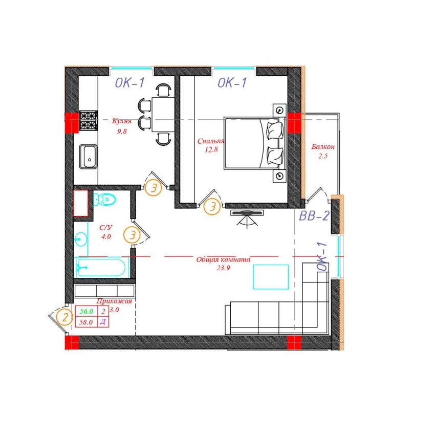 2-комн. квартира 58 м²  3/5 этаж | Жилой комплекс CHINARA PARK