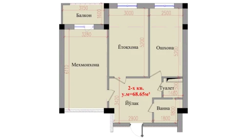 2-xonali xonadon 68.65 m²  8/8 qavat | Saxro Turar-joy majmuasi