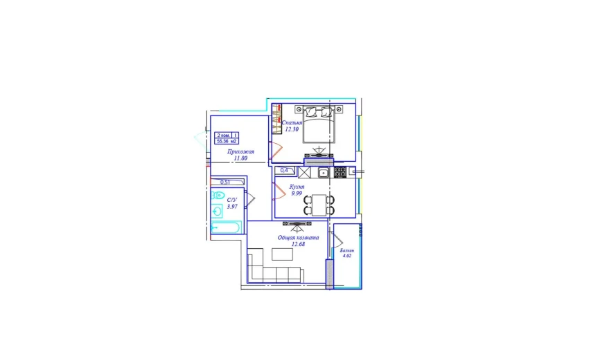 2-комнатная квартира 55.36 м²  6/16 этаж | Жилой комплекс UCHTEPA CITY