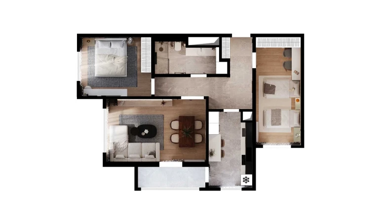 3-xonali xonadon 84.22 m²  9/26 qavat | SAF TOWERS Turar-joy majmuasi