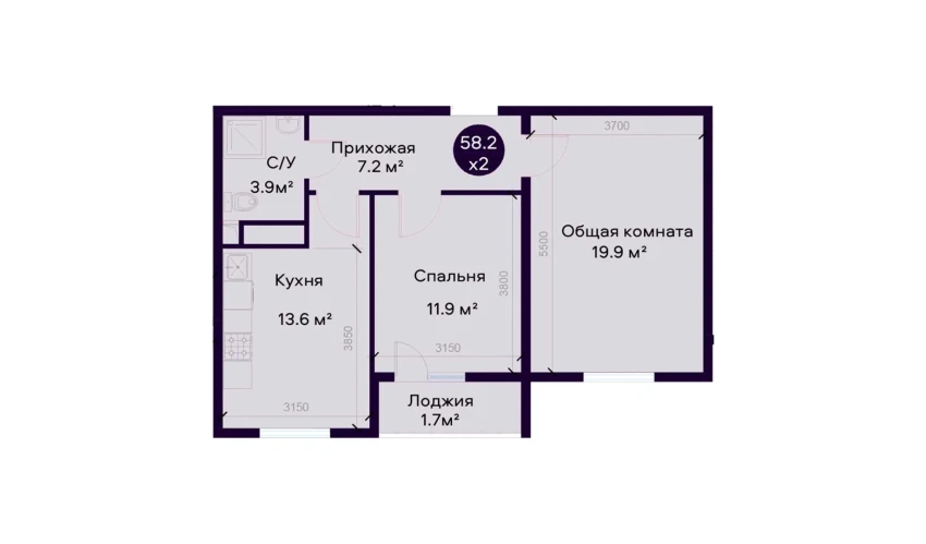 2-комнатная квартира 58.2 м²  2/9 этаж | Жилой комплекс SOHIL BO'YI ANDIJON