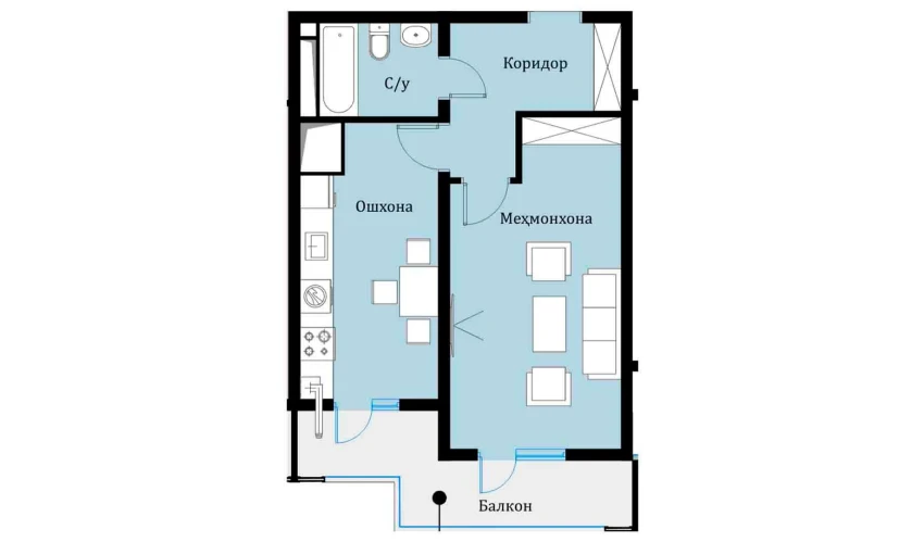 1-xonali xonadon 42.55 m²  7/16 qavat | SOKIN DIYOR Turar-joy majmuasi