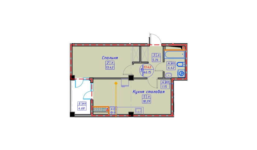 1-xonali xonadon 50.95 m²  2/12 qavat | SPUTNIK AVENUE Turar-joy majmuasi