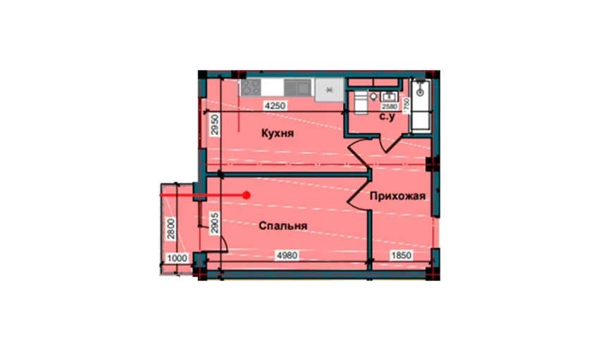 1-комнатная квартира 44.2 м²  6/10 этаж | Жилой комплекс NUR BARAKA