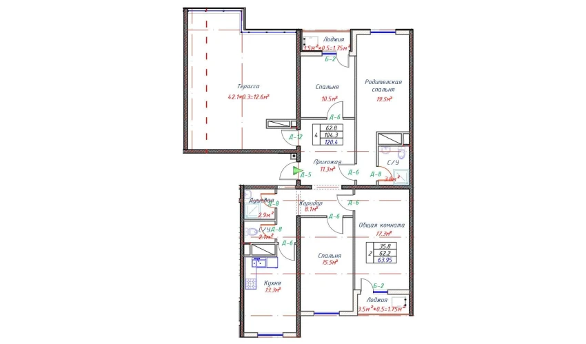 4-xonali xonadon 104.3 m²  16/16 qavat | Crystal Avenue Turar-joy majmuasi