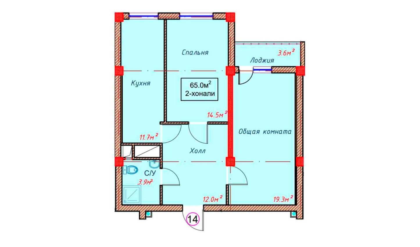 2-xonali xonadon 65 m² 9/9 qavat | Orzular Turar-joy majmuasi 2-xonali xonadon 65 m² 9/9 qavat | Orzular Turar-joy majmuasi