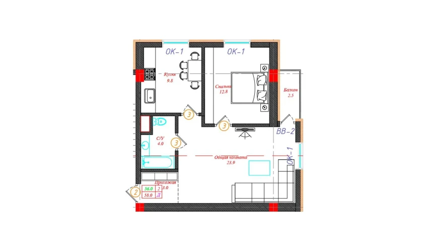 2-xonali xonadon 58 m²  3/12 qavat | CHINARA PARK Turar-joy majmuasi