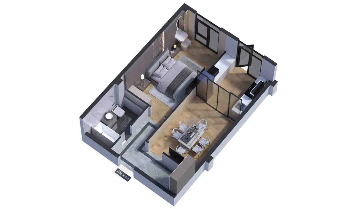 2-xonali xonadon 44.25 m²  1/7 qavat | Bochka Resort Turar-joy majmuasi