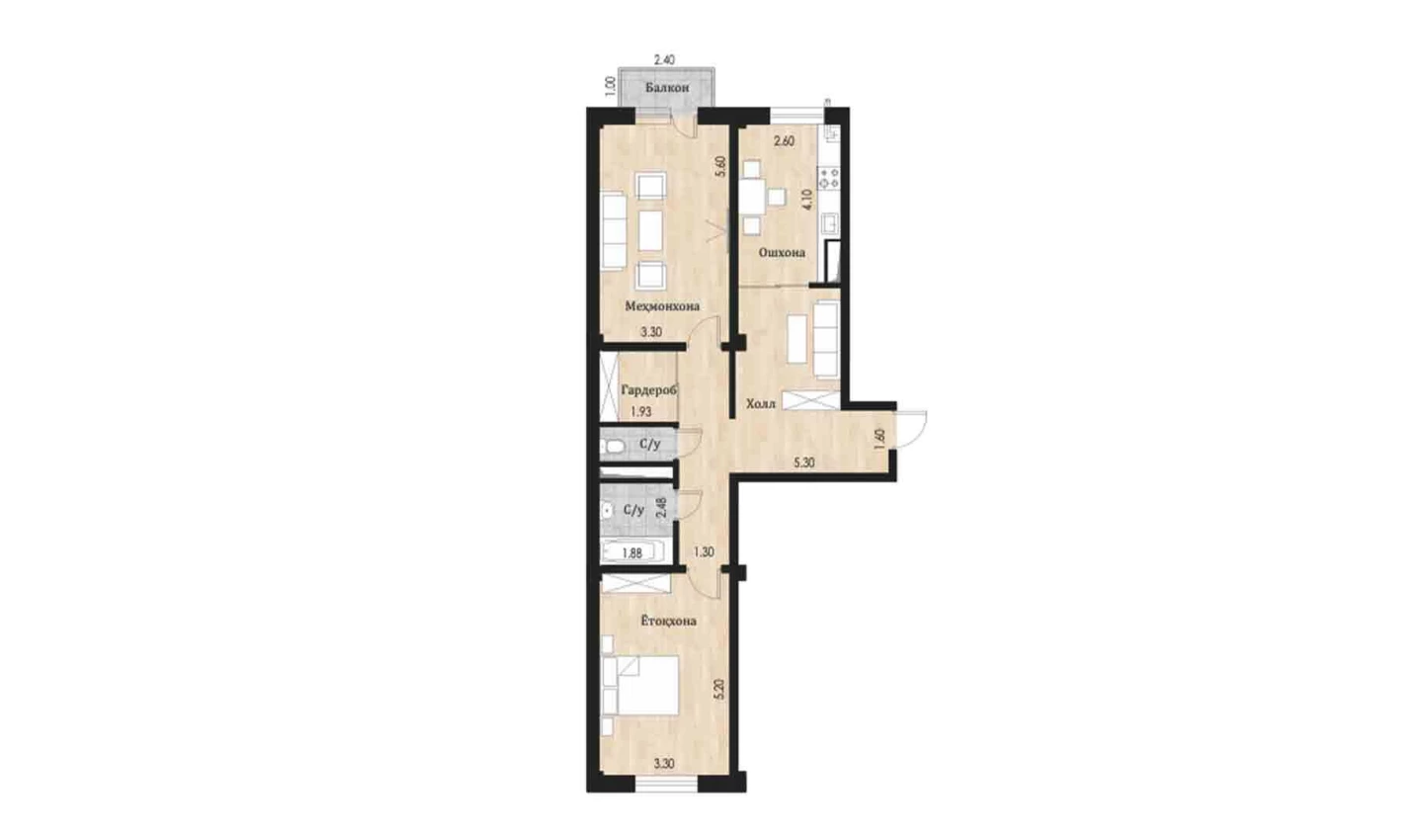 2-xonali xonadon 79.8 m²  4/10 qavat | Ko'kcha-Oqtepa Turar-joy majmuasi