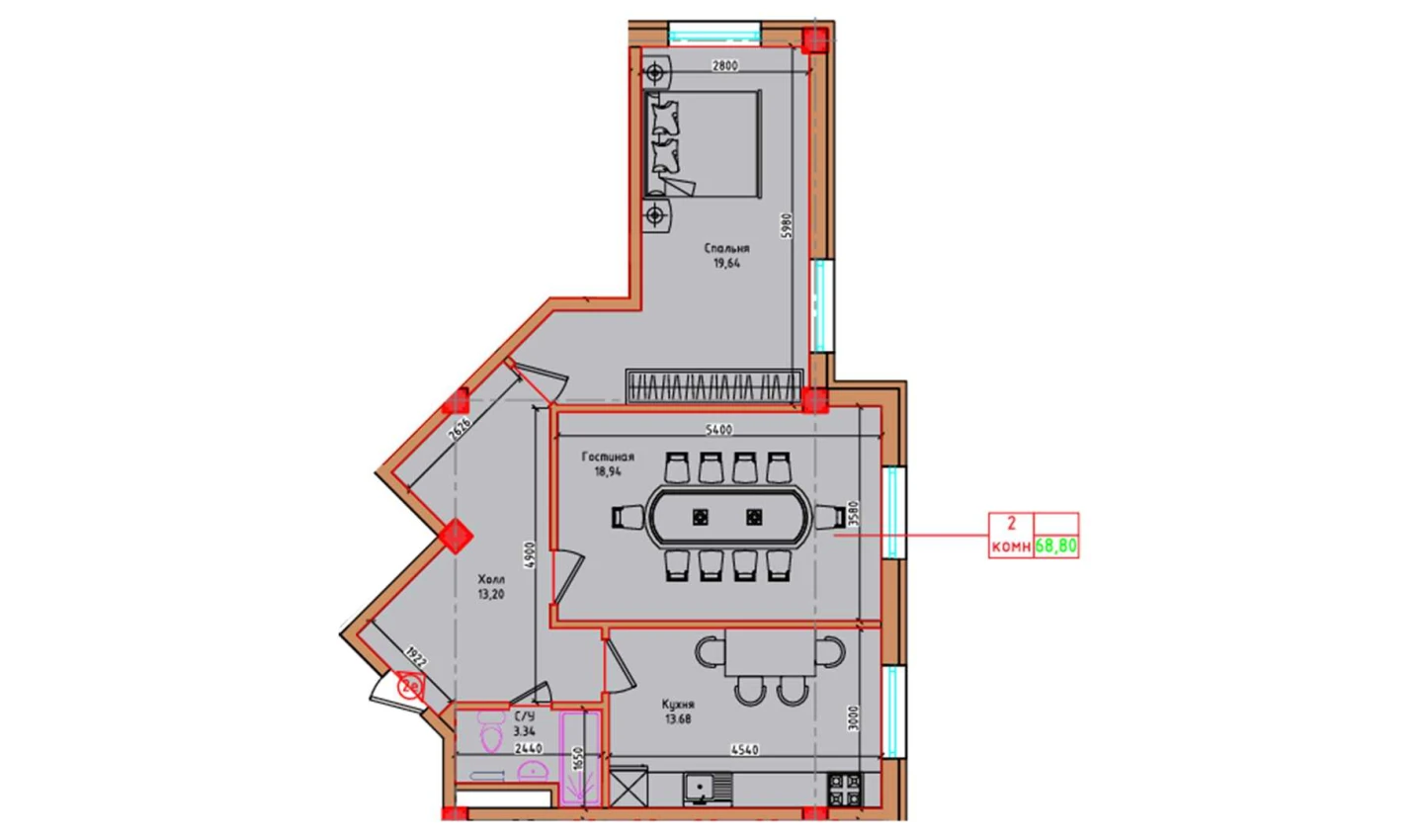 2-комн. квартира 68.8 м²  8/8 этаж | Жилой комплекс Markaz