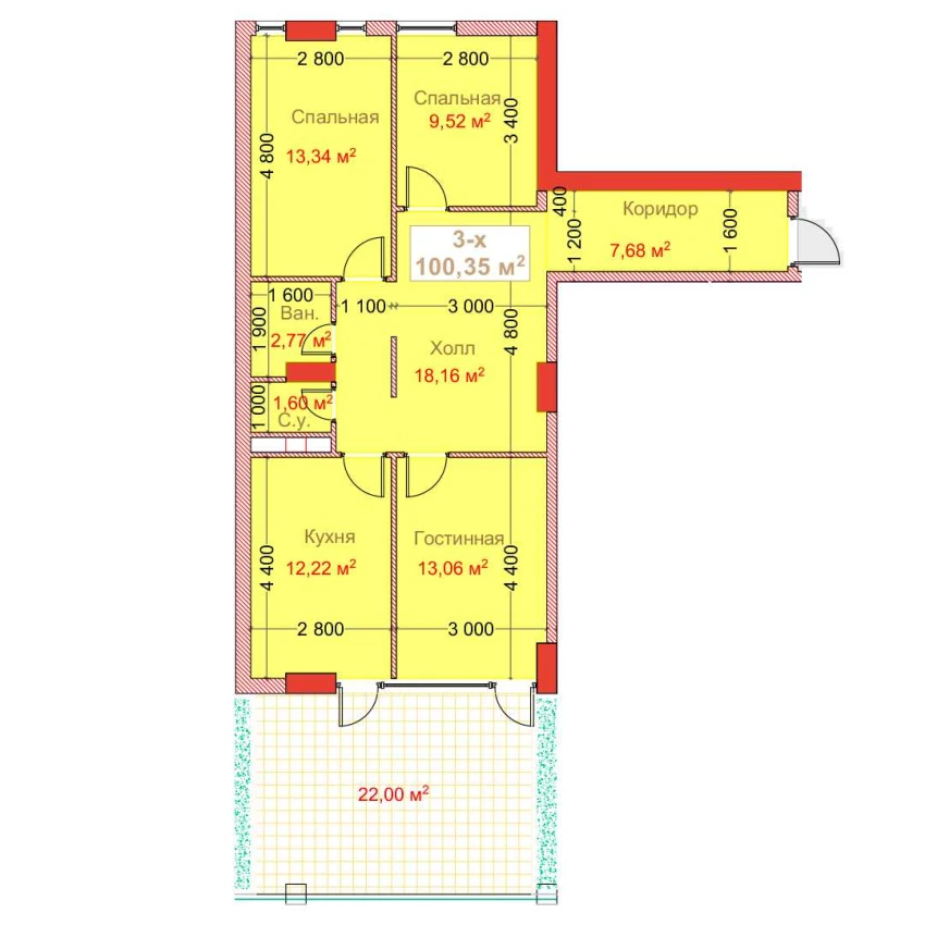 3-комн. квартира 100.35 м²  2/8 этаж | Жилой комплекс CAPITAL AVENUE