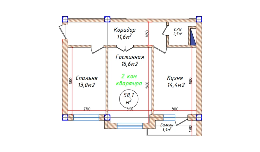 2-комнатная квартира 58.1 м²  3/5 этаж | Жилой комплекс Oq mahalla