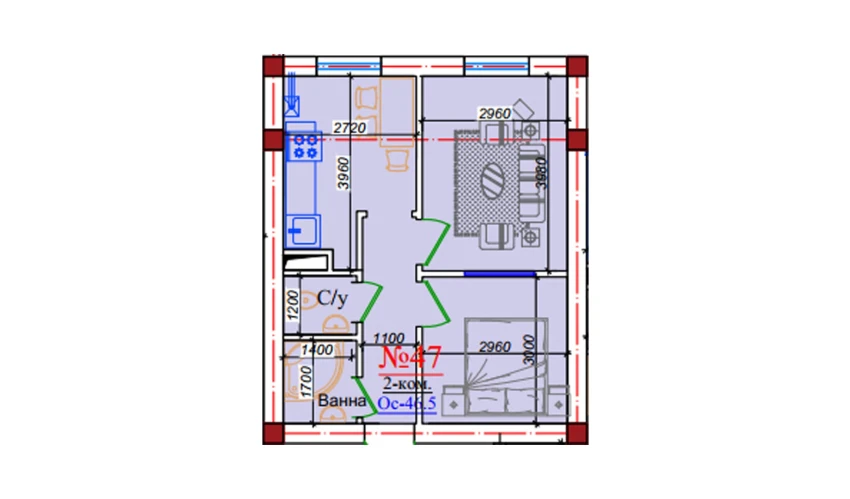 2-xonali xonadon 46.5 m²  9/9 qavat | ZAR ZAMONAVIY UYLAR Turar-joy majmuasi