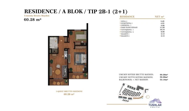 3-комнатная квартира 53.16 м²  4/7 этаж | Жилой комплекс TUSHLAR VODIYSI