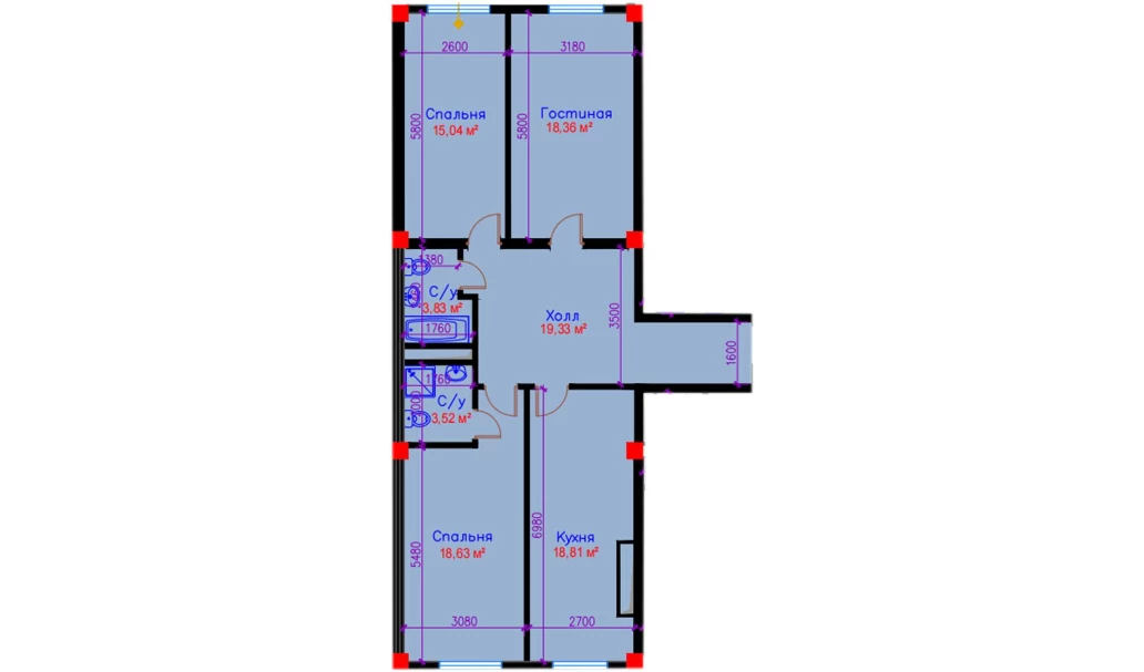 3-xonali xonadon 97.52 m²  10/10 qavat | Ko'kcha-Oqtepa Turar-joy majmuasi