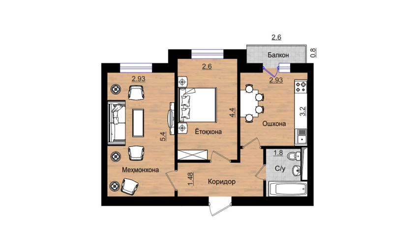 2-xonali xonadon 55.78 m²  3/5 qavat | QIZILTEPA Turar-joy majmuasi