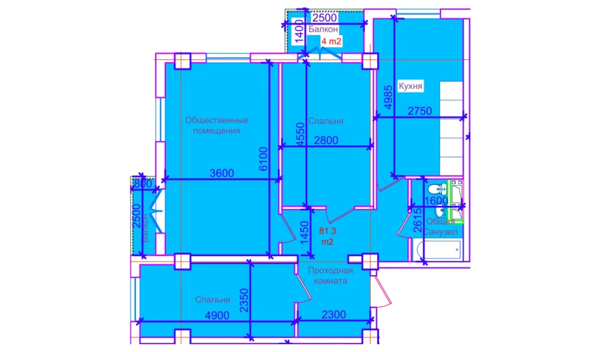 3-xonali xonadon 81.3 m²  3/10 qavat | ORZULAR MASKANI Turar-joy majmuasi