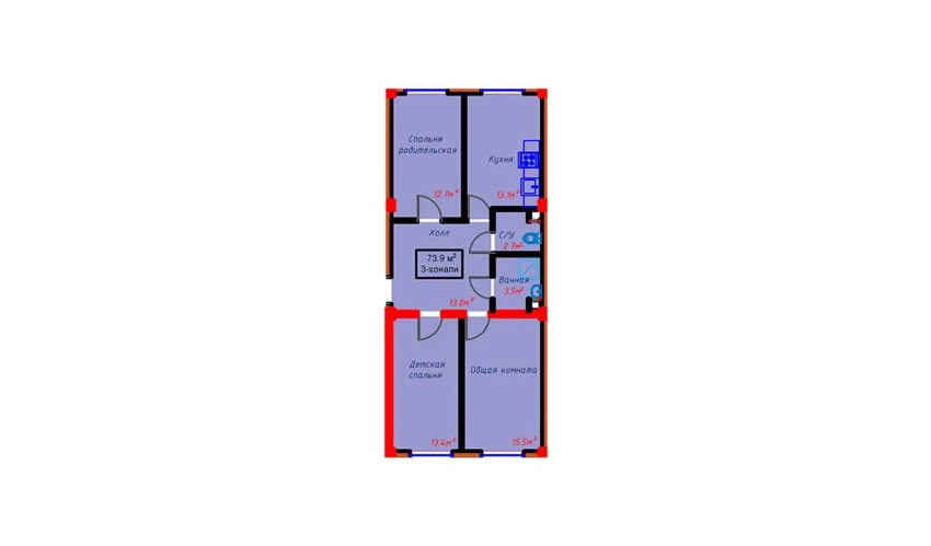 4-комнатная квартира 72.6 м²  9/10 этаж | Жилой комплекс Turon