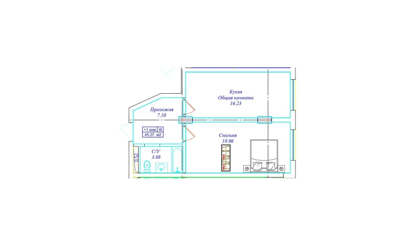 1-xonali xonadon 45.27 m²  7/9 qavat | UCHTEPA CITY Turar-joy majmuasi