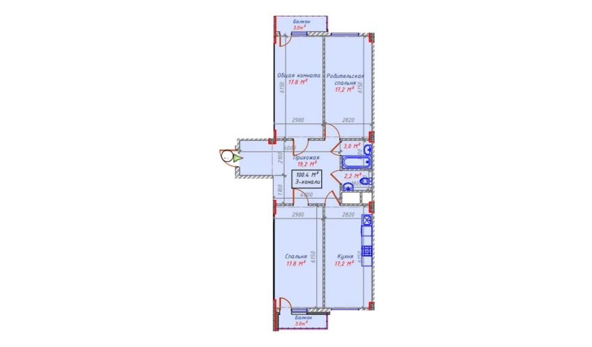 3-xonali xonadon 100.4 m²  8/16 qavat | Sam House (Qora Suv) Turar-joy majmuasi