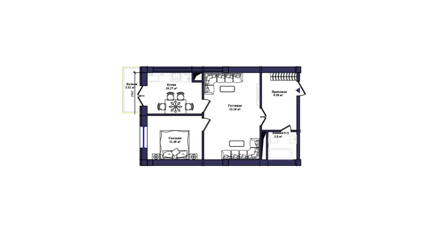 2-xonali xonadon 61.58 m²  8/10 qavat | KAMALAK Turar-joy majmuasi