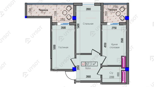 2-xonali xonadon 67.3 m²  2/16 qavat | Park Avenue Turar-joy majmuasi