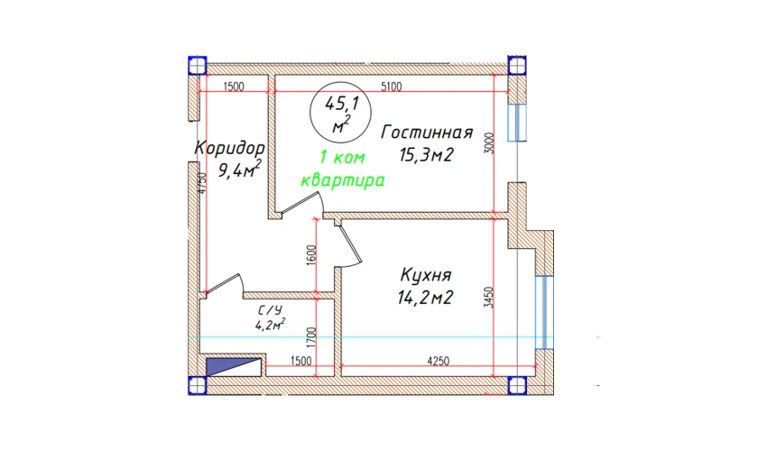 1-xonali xonadon 45.1 m²  5/5 qavat | Oq mahalla Turar-joy majmuasi