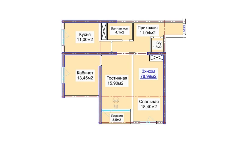 3-xonali xonadon 78.99 m²  11/16 qavat | ELITE ECO CITY Turar-joy majmuasi