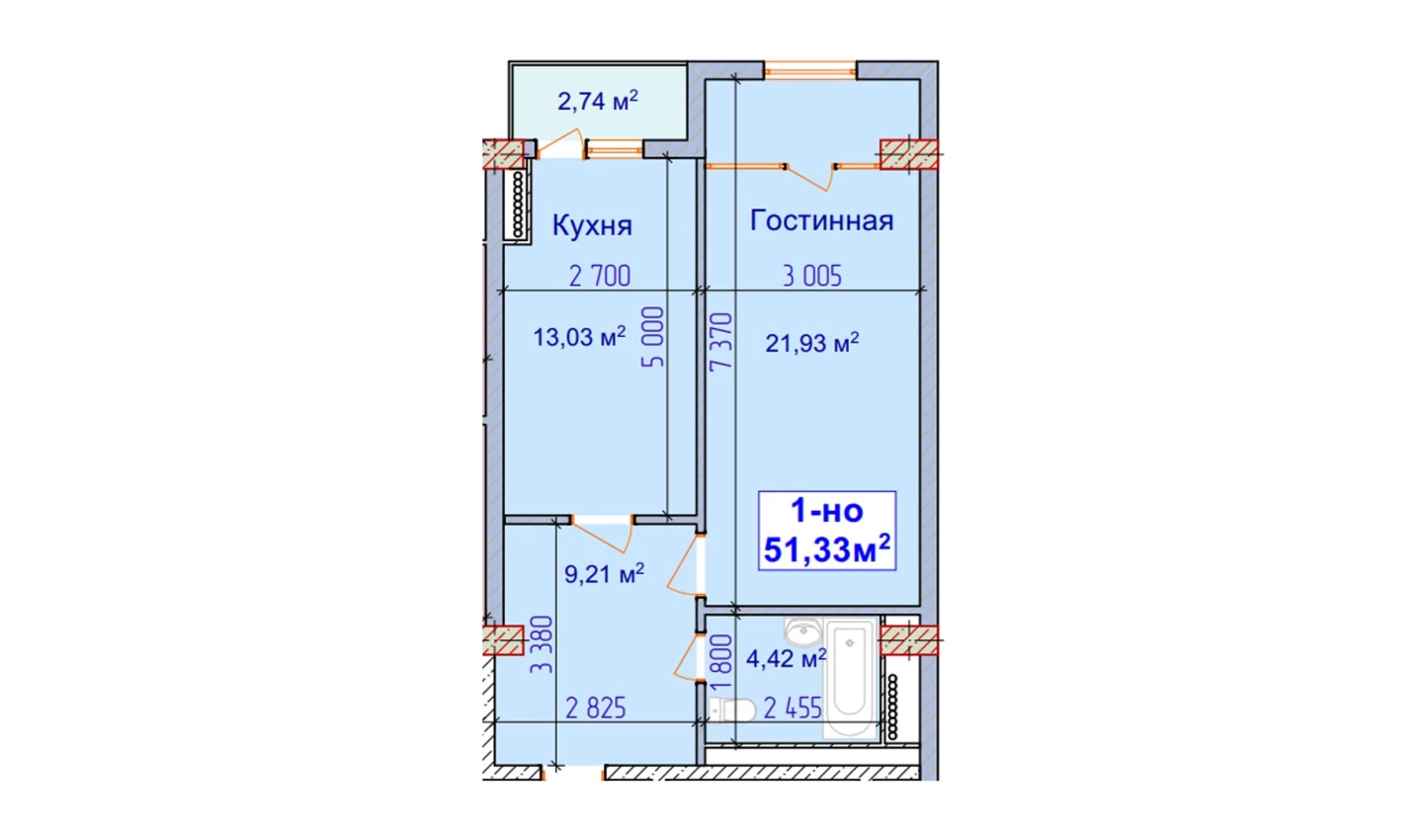 1-комн. квартира 51.33 м²  6/9 этаж | Жилой комплекс SHAYX-UL OLAM